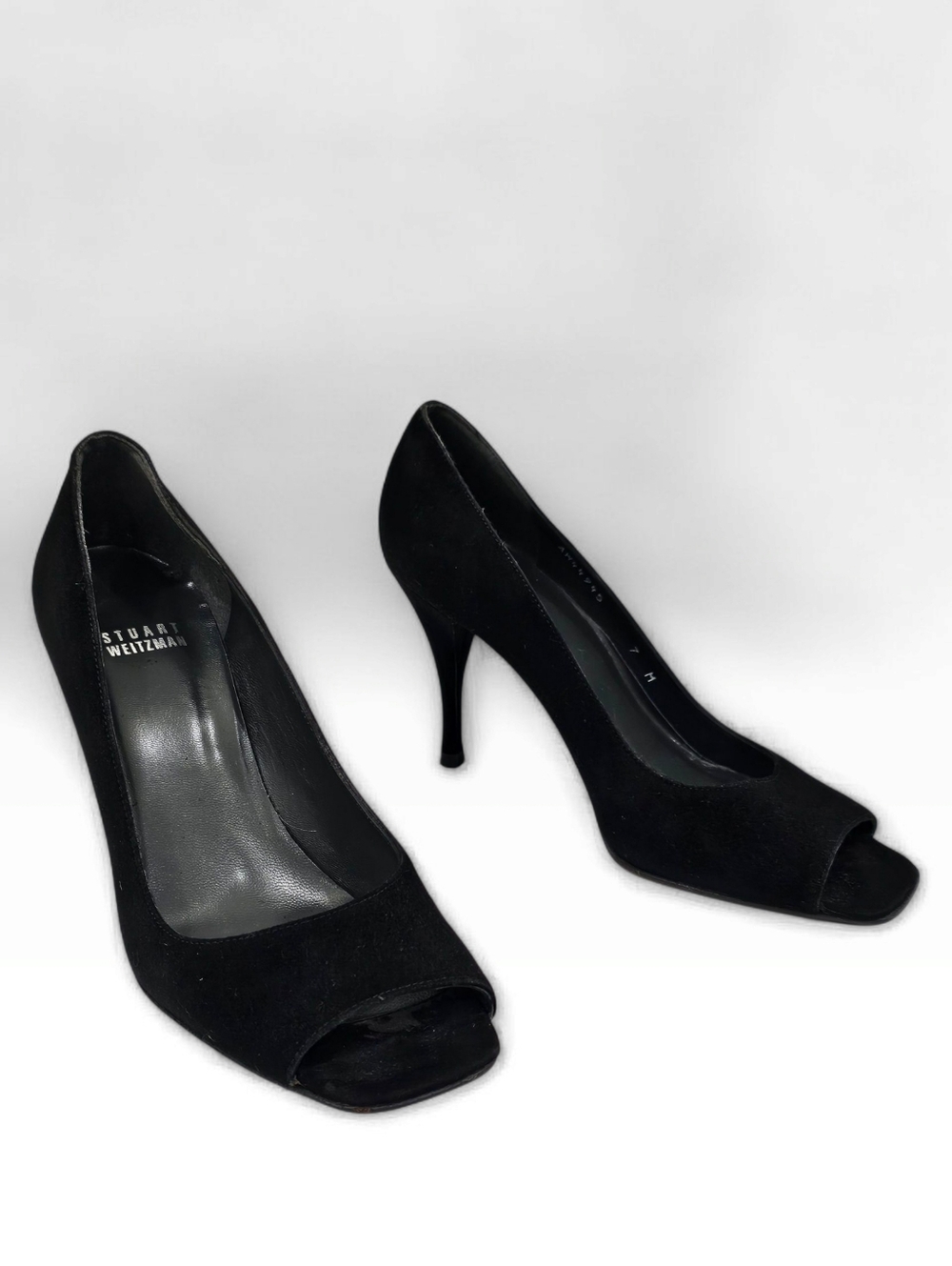 STUART WEITZMAN Black Suede Square Peep Toe Stiletto Pumps 7M